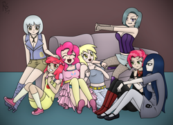Size: 2544x1846 | Tagged: safe, artist:reitanna-seishin, apple bloom, babs seed, derpy hooves, limestone pie, marble pie, pinkie pie, oc, oc:minkie pie, human, anime, belly button, boots, cleavage, clothes, corset, dress, female, high heels, humanized, mary janes, midriff, obsidian pie, pantyhose, skirt, stockings