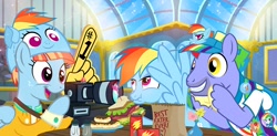 Size: 1100x542 | Tagged: safe, artist:pixelkitties, derpibooru import, bow hothoof, rainbow dash, windy whistles, equestria girls, camera, cutie mark, eating, excited, foam finger, hat