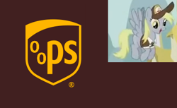 Size: 408x250 | Tagged: safe, derpy hooves, pegasus, pony, crusaders of the lost mark, clothes, delivery pony, female, logo parody, mailmare, mare, oops my bad, solo, uniform, ups