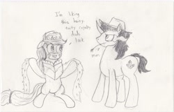 Size: 2564x1664 | Tagged: safe, artist:frikdikulous, applejack, king sombra, earth pony, pony, unicorn, bevor, chestplate, clothes swap, crown, dialogue, female, jewelry, male, monochrome, regalia, ship:sombrajack, shipping, sketch, sombra eyes, sombra horn, sombra's cutie mark, sombra's robe, sombrajack, stetson, straight, straw in mouth, text