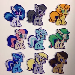 Size: 1024x1024 | Tagged: safe, artist:mosamosa_n, apple fritter, bon bon, carrot top, derpy hooves, dj pon-3, doctor whooves, golden harvest, lyra heartstrings, minuette, octavia melody, sweetie drops, vinyl scratch, earth pony, pony, apple family member, background pony, bedroom eyes, charms, looking at you, male, stallion, traditional art