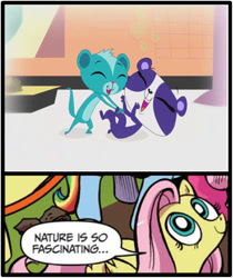 Size: 397x473 | Tagged: safe, fluttershy, pegasus, pony, blue coat, blue eyes, dialogue, exploitable meme, female, littlest pet shop, looking up, mare, meme, multicolored tail, nature is so fascinating, obligatory pony, penny ling, pink coat, pink mane, smiling, speech bubble, sunil nevla, tickling, wings, yellow coat