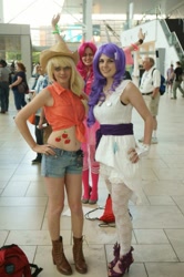 Size: 681x1024 | Tagged: safe, applejack, pinkie pie, rarity, human, belly button, cosplay, irl, irl human, photo