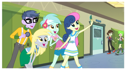 Size: 1515x845 | Tagged: safe, screencap, bon bon, cherry crash, derpy hooves, lyra heartstrings, microchips, sophisticata, sweetie drops, equestria girls, friendship games, adorabon, background human, cellphone, cute, derpabetes, end credits, group photo, lyrabetes, phone, right there in front of me, selfie, smiling