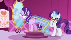 Size: 1280x720 | Tagged: safe, screencap, rarity, starlight glimmer, pony, unicorn, no second prances, carousel boutique, duo, female, glasses, glowing horn, magic, mare, measuring tape, mirror, out of context, telekinesis