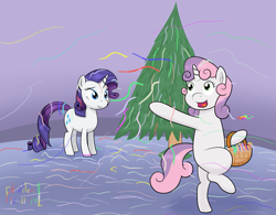 Size: 1829x1428 | Tagged: safe, artist:phallen1, rarity, sweetie belle, pony, unicorn, bipedal, christmas tree, newbie artist training grounds, tinsel, tree