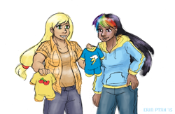 Size: 2057x1343 | Tagged: safe, artist:erinptah, derpibooru import, applejack, rainbow dash, human, appledash, cutie mark clothes, female, humanized, lesbian, magical lesbian spawn, offspring, onesie, pregnant, shipping