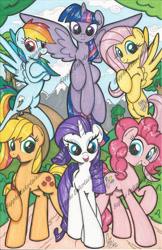 Size: 1205x1862 | Tagged: safe, artist:ponygoddess, derpibooru import, applejack, fluttershy, pinkie pie, rainbow dash, rarity, twilight sparkle, twilight sparkle (alicorn), alicorn, earth pony, pegasus, pony, unicorn, female, flying, mane six, mare, obtrusive watermark, watermark