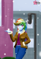 Size: 1000x1432 | Tagged: safe, artist:clouddg, derpibooru import, rainbow dash, equestria girls, snow, snowfall, solo