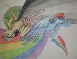 Size: 1024x785 | Tagged: safe, artist:mesophanegryyn, derpibooru import, daring do, rainbow dash, pegasus, pony, traditional art, watermark