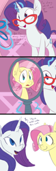 Size: 700x2122 | Tagged: safe, artist:goat train, fluttershy, rarity, pegasus, pony, unicorn, alternate hairstyle, comic, glasses, magic, mane swap, mirror