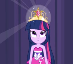 Size: 400x350 | Tagged: safe, derpibooru import, screencap, twilight sparkle, equestria girls, equestria girls (movie), big crown thingy, crown, fall formal outfits, looking up, smiling, solo