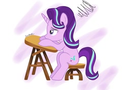 Size: 1024x728 | Tagged: safe, artist:dawnbrightglint, starlight glimmer, pony, unicorn, bored, desk, sitting, solo, stressed