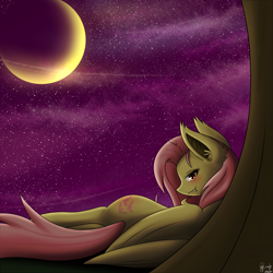 Size: 2000x2000 | Tagged: safe, artist:aya-dono, artist:silverfox057, fluttershy, flutterbat, moon, night, on side, plot, solo, tree