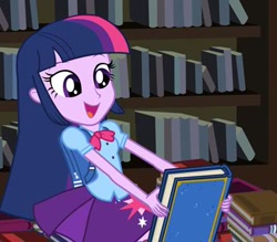 Size: 400x350 | Tagged: safe, derpibooru import, screencap, twilight sparkle, equestria girls, equestria girls (movie), book, cute, excited, happy, solo, that pony sure does love books, twiabetes, twilight fuel, yearbook