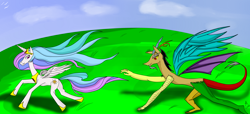 Size: 4400x2000 | Tagged: safe, artist:siranarchy95, discord, princess celestia, alicorn, draconequus, pony, chase, female, horn, male, mare