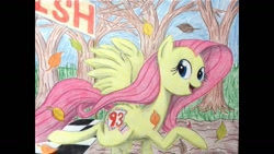 Size: 1191x670 | Tagged: safe, artist:thefriendlyelephant, fluttershy, pegasus, pony, finish line, happy, running, running of the leaves, solo, traditional art, tree