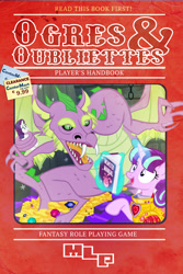 Size: 1024x1536 | Tagged: safe, artist:pixelkitties, rarity, spike, starlight glimmer, dragon, pony, unicorn, book, dragon hoard, dungeons and dragons, female, fire ruby, gem, glowing horn, hoard, magic, mare, monster manual, ogres and oubliettes, older, older spike, parody, pen and paper rpg, rpg, ruby, smiling, telekinesis, treasure