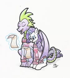 Size: 1504x1668 | Tagged: safe, artist:sensko, rarity, spike, dragon, pony, unicorn, caroling, clothes, eyes closed, female, glasses, male, mare, older, older spike, pencil drawing, shipping, simple background, sparity, straight, sweater, traditional art, white background, winged spike, wings