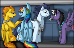 Size: 3540x2328 | Tagged: safe, artist:stormblaze-pegasus, derpibooru import, rainbow dash, soarin', spitfire, oc, oc:stormy, pegasus, pony, locker room, mouth hold, sitting, spread wings, underhoof