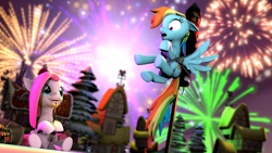 Size: 1920x1080 | Tagged: safe, artist:d0ntst0pme, derpibooru import, pinkie pie, rainbow dash, earth pony, pegasus, pony, 3d, dashabuse, fireworks, gmod, not sfm, peril, pinkamena diane pie, this will end in explosions, this will end in tears and/or death, tied to rocket