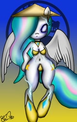 Size: 713x1120 | Tagged: safe, artist:lennonblack, princess celestia, anthro, belly button, blank eyes, mortal kombat, raiden, raiden (mortal kombat), thunder, trace