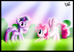 Size: 800x566 | Tagged: safe, artist:neoncabaret, derpibooru import, pinkie pie, twilight sparkle, twilight sparkle (alicorn), alicorn, earth pony, pony, female, lesbian, mare, shipping, twinkie