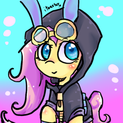 Size: 400x400 | Tagged: safe, artist:itoasters, fluttershy, pegasus, pony, bunny ears, clothes, dangerous mission outfit, female, goggles, hoodie, mare, smiling, solo