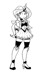 Size: 513x851 | Tagged: dead source, safe, artist:reiduran, sunset shimmer, human, equestria girls, black and white, female, grayscale, high heels, horned humanization, humanized, magical girl, magical sunset-chan, monochrome, ms paint adventures, shoes, solo