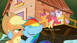 Size: 1200x675 | Tagged: source needed, safe, derpibooru import, apple bloom, applejack, rainbow dash, scootaloo, sweetie belle, earth pony, pegasus, pony, appledash, blushing, clubhouse, crusaders clubhouse, cutie mark crusaders, female, glare, kissing, lesbian, shipper on deck, shipping