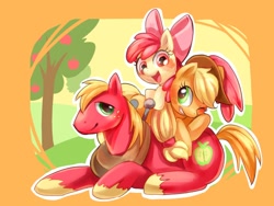Size: 1024x768 | Tagged: safe, artist:natsu-nori, apple bloom, applejack, big macintosh, earth pony, pony, apple siblings, brother and sister, female, male, pixiv, siblings, stallion