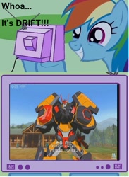 Size: 565x773 | Tagged: safe, derpibooru import, rainbow dash, pegasus, pony, drift, exploitable meme, meme, obligatory pony, transformers, transformers prime sequel, transformers robots in disguise (2015), tv meme