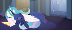 Size: 5858x2475 | Tagged: safe, artist:t-3000, princess celestia, princess luna, alicorn, pony, book, eyes closed, prone, sleeping, wing blanket