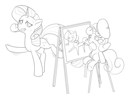 Size: 1000x748 | Tagged: safe, artist:dstears, rarity, sweetie belle, pony, unicorn, beret, drawing, monochrome, nervous, newbie artist training grounds, pose, shaking, sisters, sketch, sweatdrop