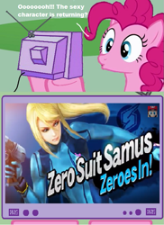 Size: 561x772 | Tagged: safe, pinkie pie, earth pony, pony, exploitable meme, implied lesbian, meme, metroid, nintendo direct, obligatory pony, samus aran, super smash bros., super smash bros. 4, tv meme, zero suit, zero suit samus