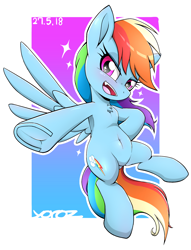 Size: 1750x2294 | Tagged: safe, artist:yorozpony, derpibooru import, rainbow dash, pegasus, pony, cute, cute little fangs, dashabetes, fangs, female, frog (hoof), humanoid torso, mare, smiling, solo, underhoof