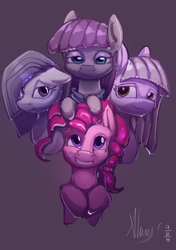 Size: 4000x5672 | Tagged: safe, artist:alumx, limestone pie, marble pie, maud pie, pinkie pie, earth pony, pony, bust, floppy ears, grin, pie sisters, portrait, siblings, sisters, smiling