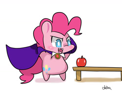 Size: 1600x1200 | Tagged: safe, artist:yichiau, pinkie pie, earth pony, pony, undead, vampire, vampony, apple, cape, chibi, clothes, solo