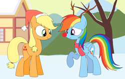 Size: 1026x650 | Tagged: safe, artist:hyolark, derpibooru import, applejack, rainbow dash, earth pony, pegasus, pony, hat, rudolph dash, rudolph the red nosed reindeer, santa hat, snow, winter