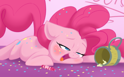 Size: 900x563 | Tagged: safe, artist:bronyseph, pinkie pie, earth pony, pony, apple cider, confetti, crayon, drunk, drunkie pie, floppy ears, party, prone, solo