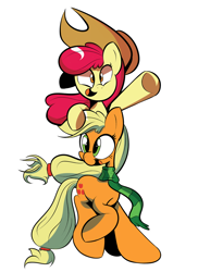 Size: 1280x1760 | Tagged: dead source, safe, artist:turtlefarminguy, apple bloom, applejack, earth pony, pony, accessory swap, clothes, scarf