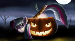 Size: 2500x1375 | Tagged: safe, artist:mmtob3, derpibooru import, twilight sparkle, fangs, filly, filly twilight sparkle, jack-o-lantern, moon, nightmare night, pumpkin, solo