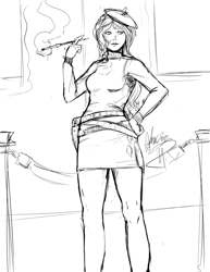 Size: 772x1000 | Tagged: safe, artist:aphexangel, rarity, human, beret, cigarette, cigarette holder, clothes, french, french underground, holster, humanized, monochrome, resistance, sketch, skirt, smoking, solo, sweater, turtleneck, world war ii