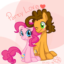 Size: 512x512 | Tagged: safe, artist:nekomash, cheese sandwich, pinkie pie, earth pony, pony, blushing, cheesepie, female, heart, love, male, shipping, smiling, straight, wink