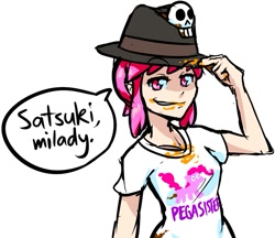 Size: 833x719 | Tagged: safe, artist:triple-q, pinkie pie, human, brony, brony stereotype, fedora shaming, hat, kill la kill, m'lady, nonon jakuzure, pegasister, trilby