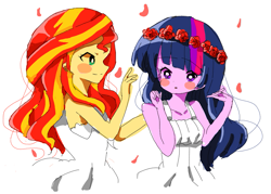 Size: 879x629 | Tagged: safe, artist:lotte, sunset shimmer, twilight sparkle, equestria girls, blush sticker, blushing, clothes, cute, dress, female, floral head wreath, flower, flower petals, lesbian, looking at each other, shimmerbetes, shipping, summer dress, sunsetsparkle, twiabetes