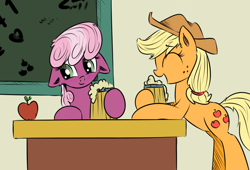 Size: 800x543 | Tagged: safe, artist:tiki2, artist:xioade, applejack, cheerilee, earth pony, pony, blushing, cider, classroom, drink, female, floppy ears, mare, table