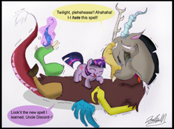 Size: 600x446 | Tagged: safe, artist:cryssy-miu, derpibooru import, discord, twilight sparkle, feather, filly, filly twilight sparkle, laughing, magic, on back, snuggling, tickling