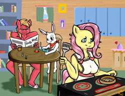 Size: 6600x5100 | Tagged: safe, artist:mwruuruu, angel bunny, big macintosh, fluttershy, anthro, absurd resolution, breakfast, bunny slippers, clothes, female, fluttermac, male, shipping, straight