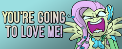 Size: 5254x2100 | Tagged: safe, artist:drawponies, fluttershy, pegasus, pony, banner, cute, flutterrage, insanity, looking at you, solo, talking to viewer, yelling, you're going to love me